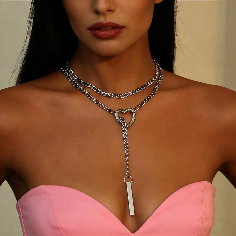 MIFYNN Heart O ring Slip Chain Necklaces for Women Stainless Steel Cuban Chain Bar Necklace Punk Rock Collar Necklace Handmade Adjustable Lariat Y Necklaces for Men - Image 3